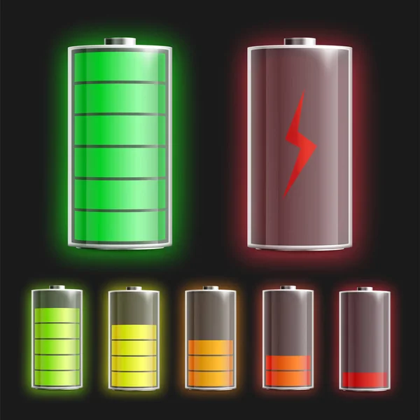 Mockup batterie impostati con indicatori di livello di potenza, illustrazione vettoriale isolata . — Vettoriale Stock