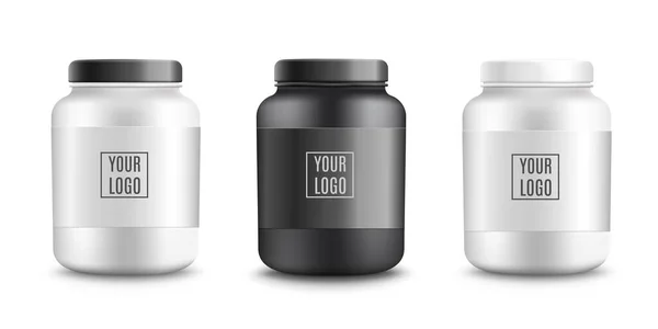 Protein powder packaging mockups set, realistic vector illustration isolated. — Stock Vector