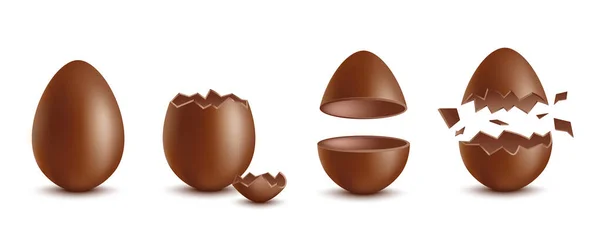 Realistic chocolate eggs broken, halves and whole, vector illustration isolated. — Stock Vector