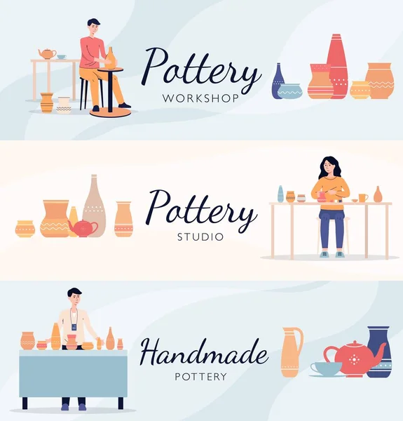 Set of banners with pottery making people characters, flat vector illustration. — Stock Vector