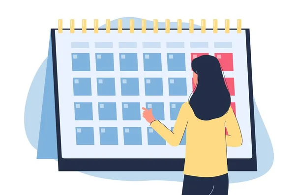 Žena při pohledu na měsíční kalendář - menstruační nápis — Stockový vektor