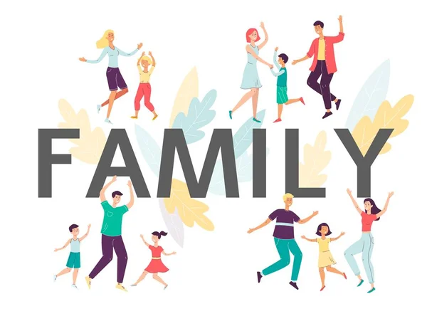 Família letras grandes com pessoas felizes dançando, ilustração vetorial plana isolado . — Vetor de Stock