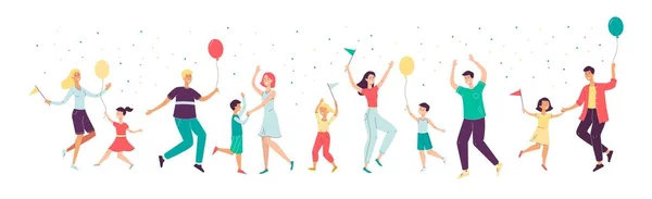 Personnages familiaux dans la danse des chapeaux d'anniversaire, illustration vectorielle plate isolée. — Image vectorielle