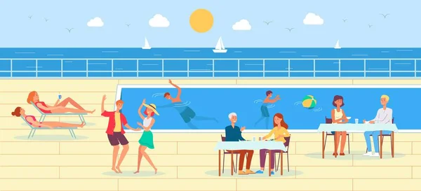 Cruise schip dek met mensen personages ontspannen bij het zwembad, vlakke vector illustratie. — Stockvector