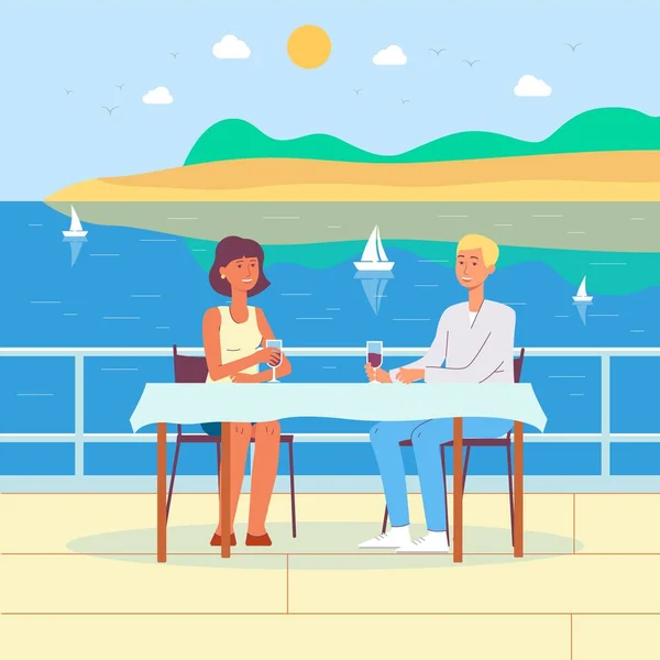 Verão mar férias fundo com casal romântico plana vetor ilustração . — Vetor de Stock