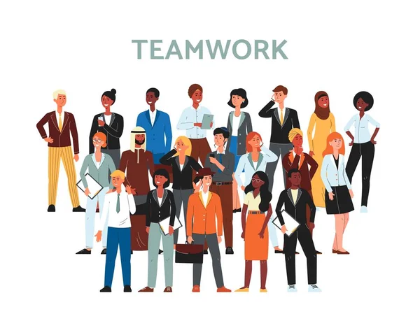 Teamwork banner met multi etnische business team platte vector illustratie. — Stockvector