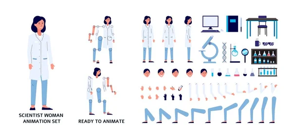 Conjunto de construtor de caráter da mulher cientista, ilustração vetorial plana isolada. —  Vetores de Stock