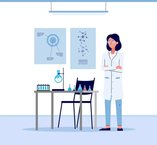 Γελοιογραφία επιστήμονας γυναίκα σε λευκό εργαστηριακό παλτό στέκεται στο εργαστήριο επιστήμης — Διανυσματικό Αρχείο