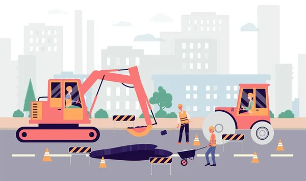 Cartoon people fixing hole on highway - industrial city roadwork banner — 스톡 벡터