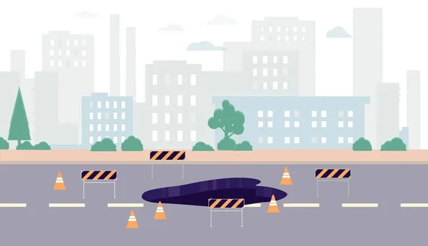 Cityscape with road under construction and road signs, flat vector illustration. — 스톡 벡터