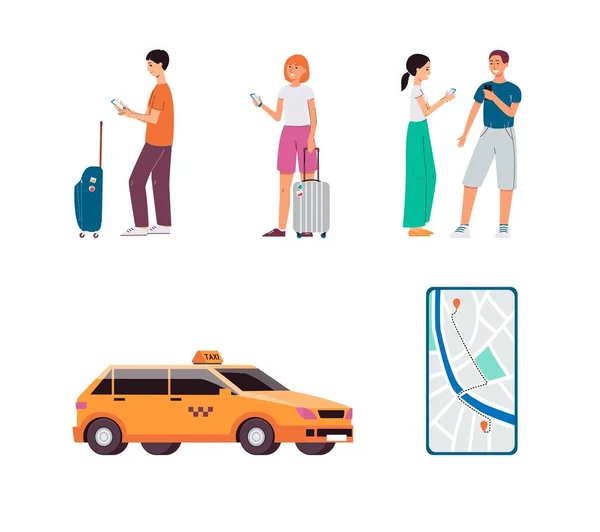 Servizio taxi online - set isolato di conducenti, cabina gialla e schermo app mobile. — Vettoriale Stock