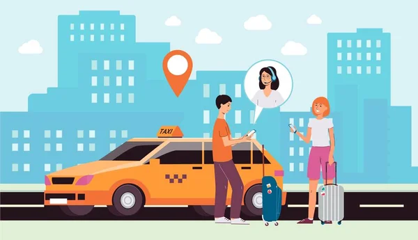 Cityscape sfondo con taxi auto e persone piatto vettoriale illustrazione . — Vettoriale Stock