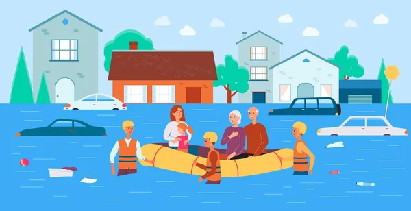 Flood rescue banner - cartoon family in boat saved by natural disaster relief team — Stock Vector