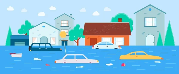 水平面矢量下的房屋和交通洪水说明背景. — 图库矢量图片