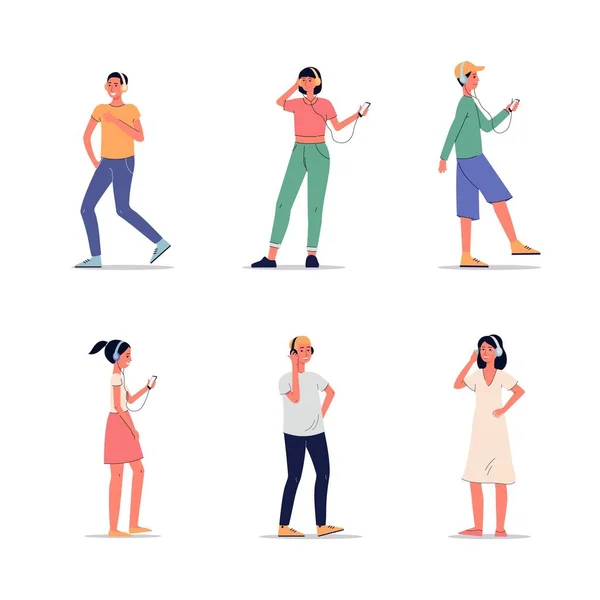 Young people with headphones - flat set of cartoon men and women — Wektor stockowy