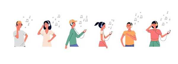 People in headphones listening music set of flat vector illustration isolated. — Vettoriale Stock