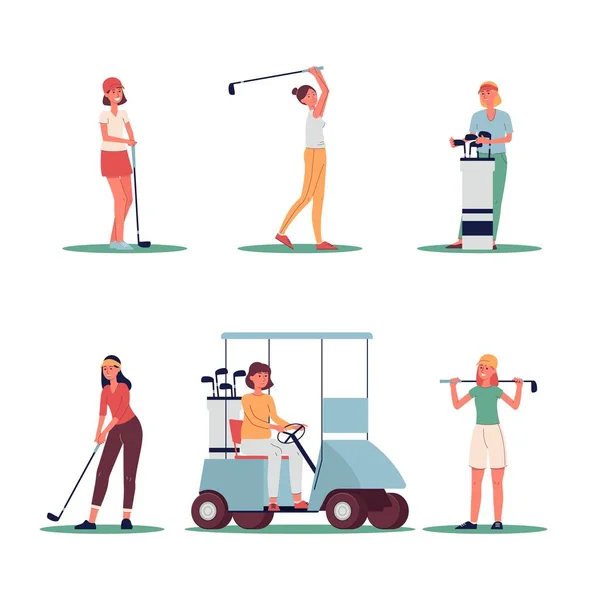 Woman golf player set with sport equipment flat vector illustration isolated. — Vector de stock