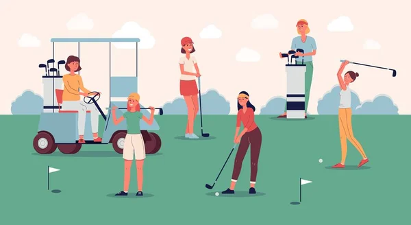 Vrouwelijke golfspeler team staat op groene baan met golfmateriaal — Stockvector