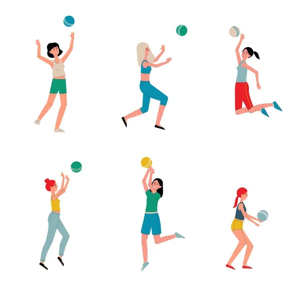 Women beach volleyball players characters set flat vector illustration isolated. — Διανυσματικό Αρχείο