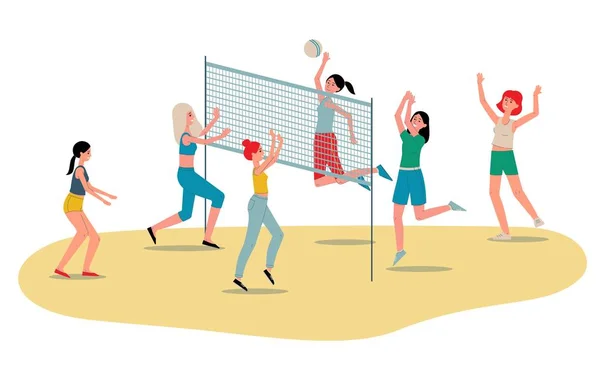 Beach volley donna squadra giocatori piatto vettore illustrazione isolato su bianco . — Vettoriale Stock