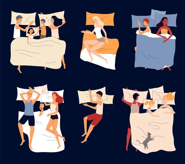 Cartoon family sleep position set - parents, children, single people sleeping — стоковый вектор