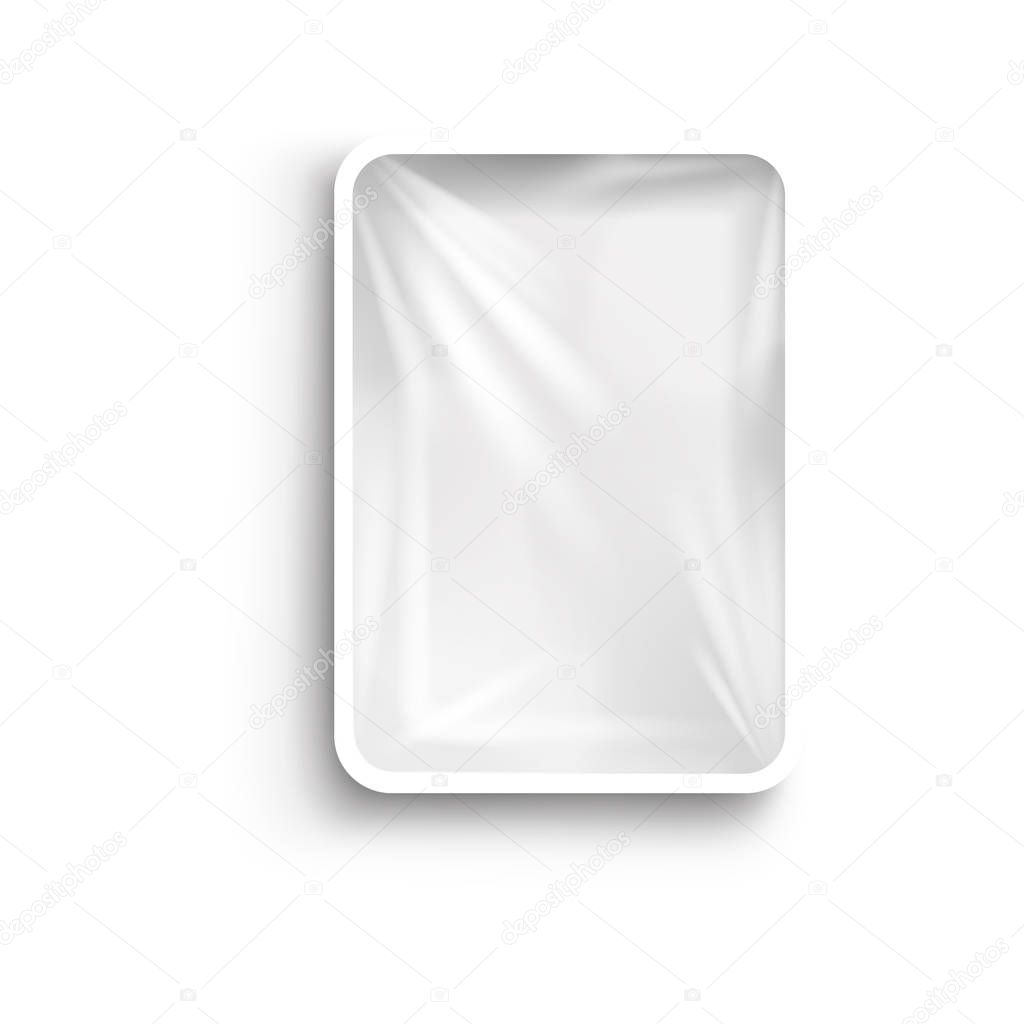 Food plastic tray white container with cellophane cover, realistic vector mockup illustration isolated.