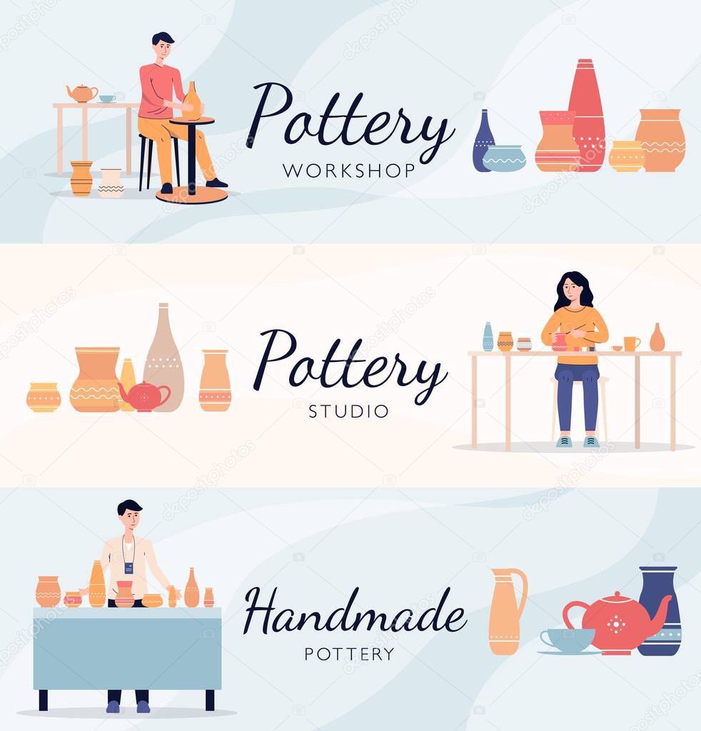 Set of banners with pottery making people characters, flat vector illustration.