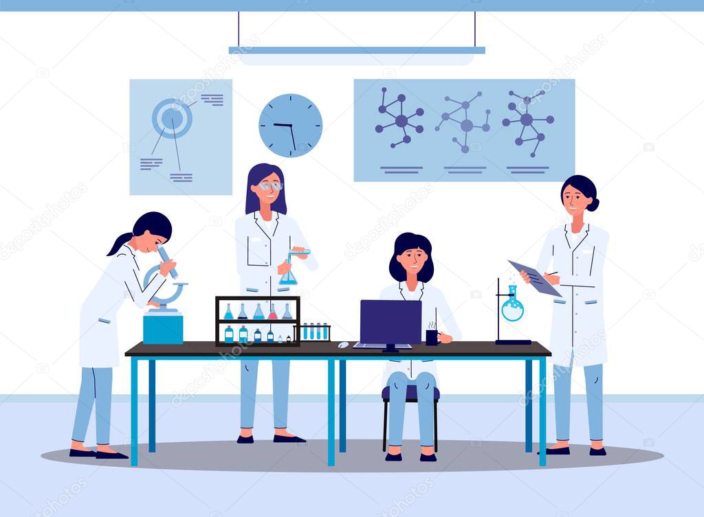 Scientist researchers female characters in laboratory, flat vector illustration.