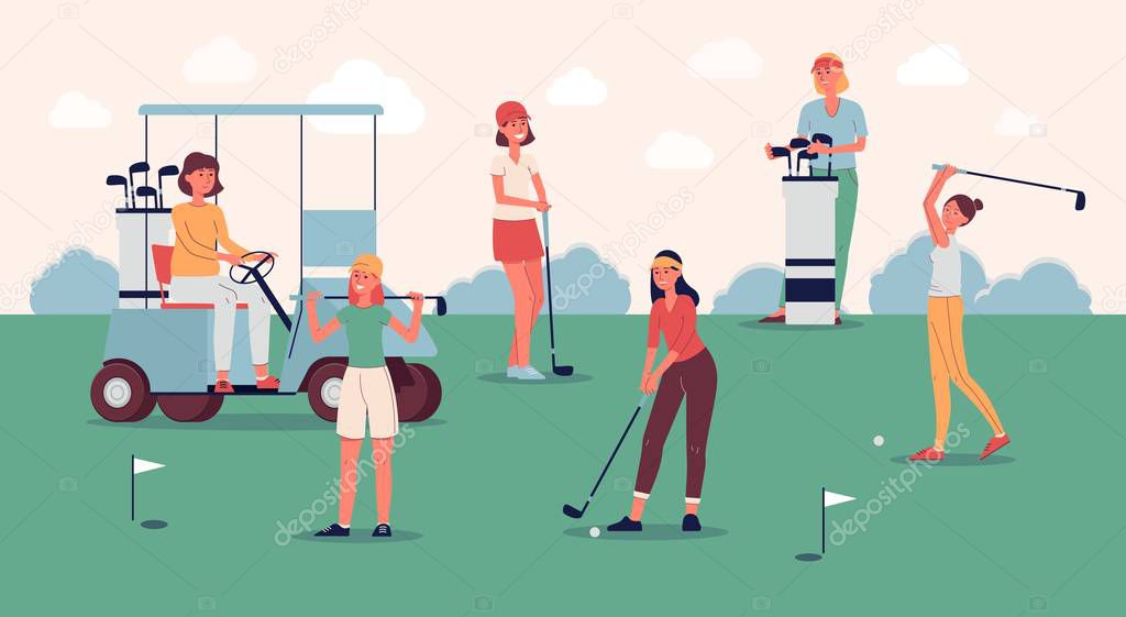 Female golf player team standing on green course with golfing equipment