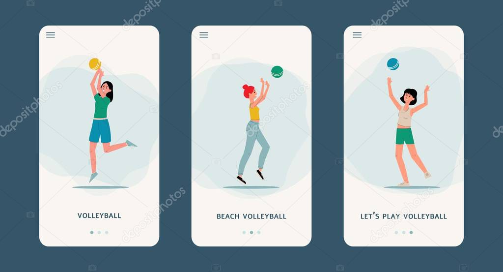 Cartoon woman playing basketball - phone sport app page set