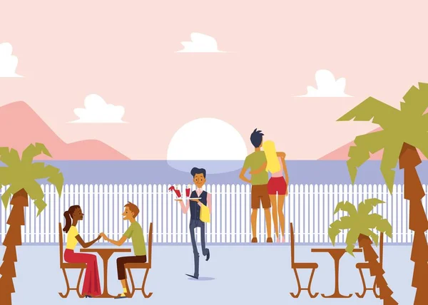 Straat cafe terras met mensen en uitzicht op de kust, vlakke vector illustratie. — Stockvector