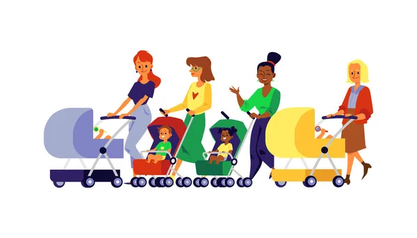 Varios mamá y bebé con niños en carro ilustración vectorial plana aislado . — Vector de stock