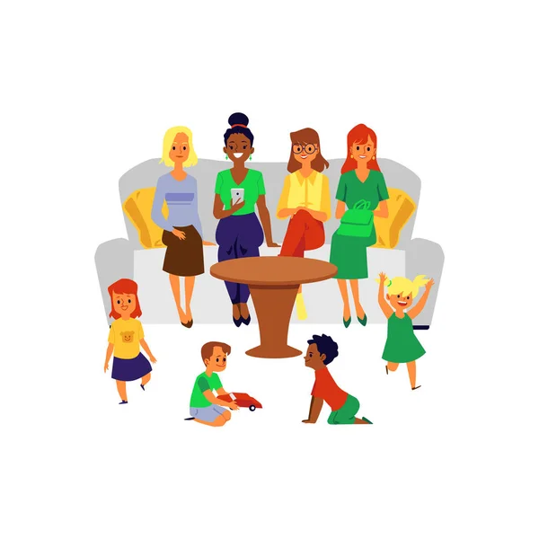 Mother friend group at children play date - cartoon women on sofa - Stok Vektor