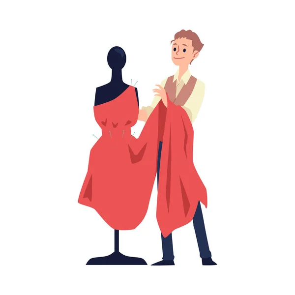 服装设计师兼裁缝师将红色连衣裙配上假人模特 — 图库矢量图片