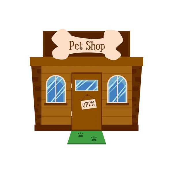 Loja de animais de estimação fachada edifício com sinal aberto na porta e capacho verde — Vetor de Stock