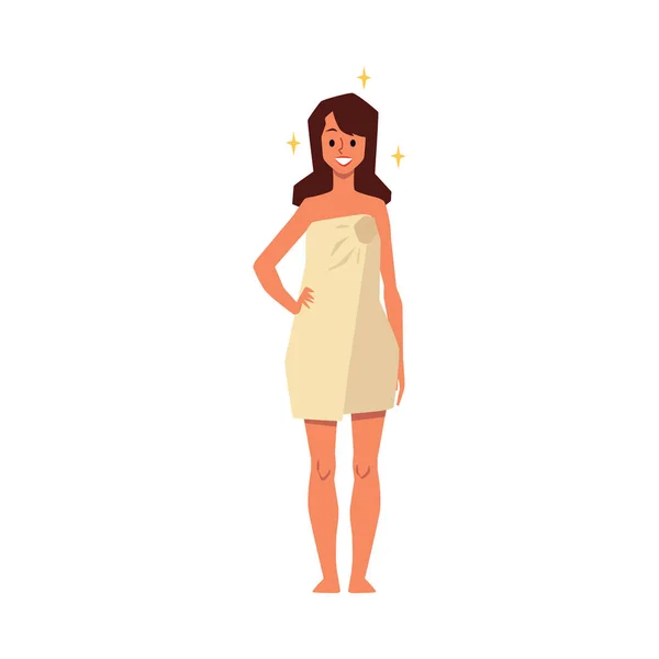 Ung brunett kvinna i spa handduk med rent torrt hår efter dusch — Stock vektor