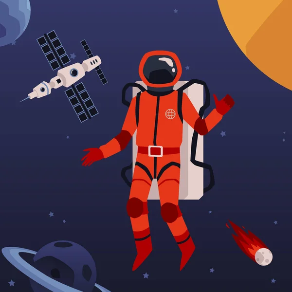 Αστροναύτης στο διάστημα σε διαστημόπλοιο φόντο, επίπεδη διανυσματική απεικόνιση. — Διανυσματικό Αρχείο