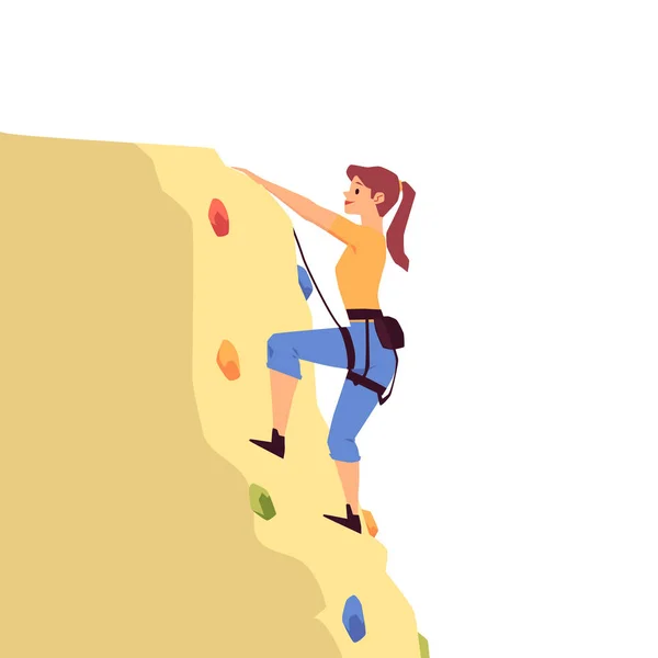 Cartoon woman rock climbing on yellow boulder with colorful holds — Stock Vector