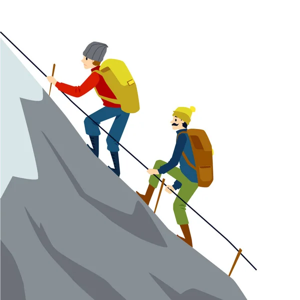 Mountain climber couple climbing high rock rope holding rope rail — Stok Vektör