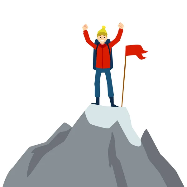 Glücklicher Cartoon-Mann steht mit roter Fahne auf Berggipfel — Stockvektor