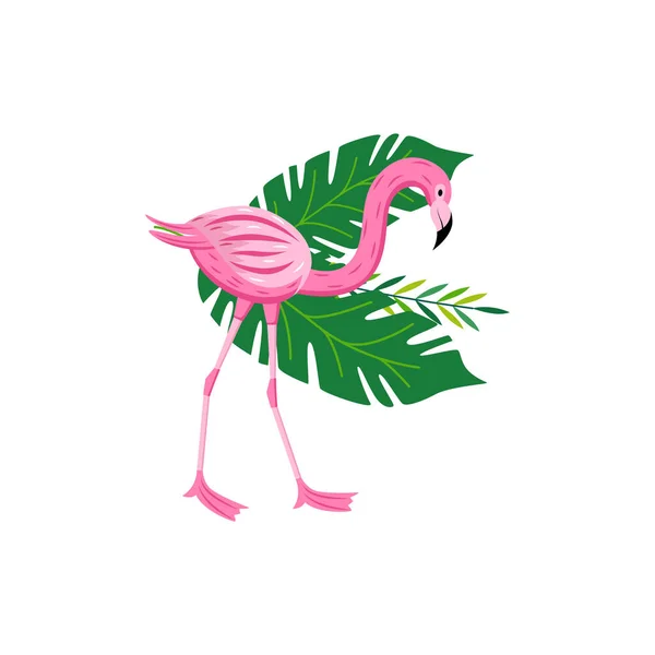 Tropisch rosa Flamingo mit exotischen Blättern Cartoon Vektor Illustration isoliert. — Stockvektor