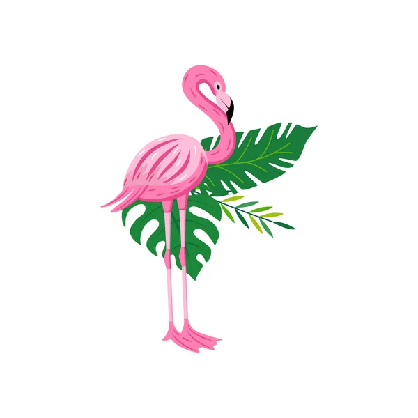 Exotique rose flamant rose oiseau sur feuilles plat dessin animé vecteur illustration isolé . — Image vectorielle