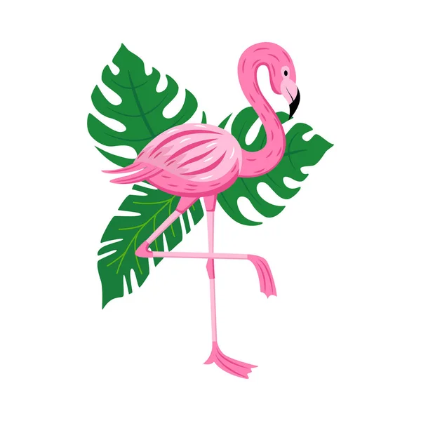 Cute cartoon flamingo with tropical leaves standing on one leg — ストックベクタ
