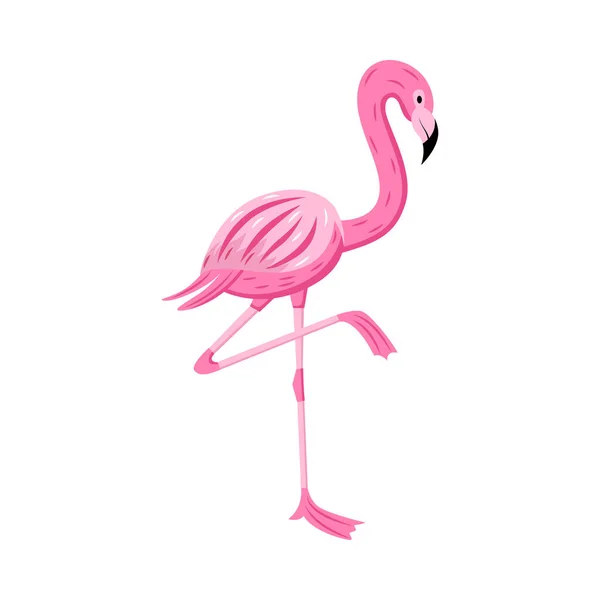 Cartoon flamingo standing on one leg position - cute exotic pink bird — 스톡 벡터