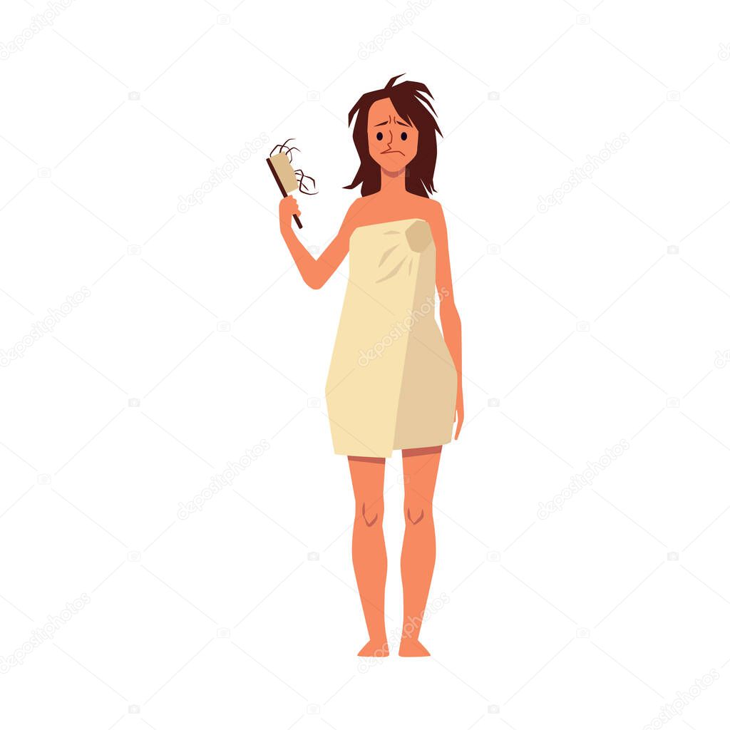 Pretty girl character with hair fall problem, flat vector illustration isolated.