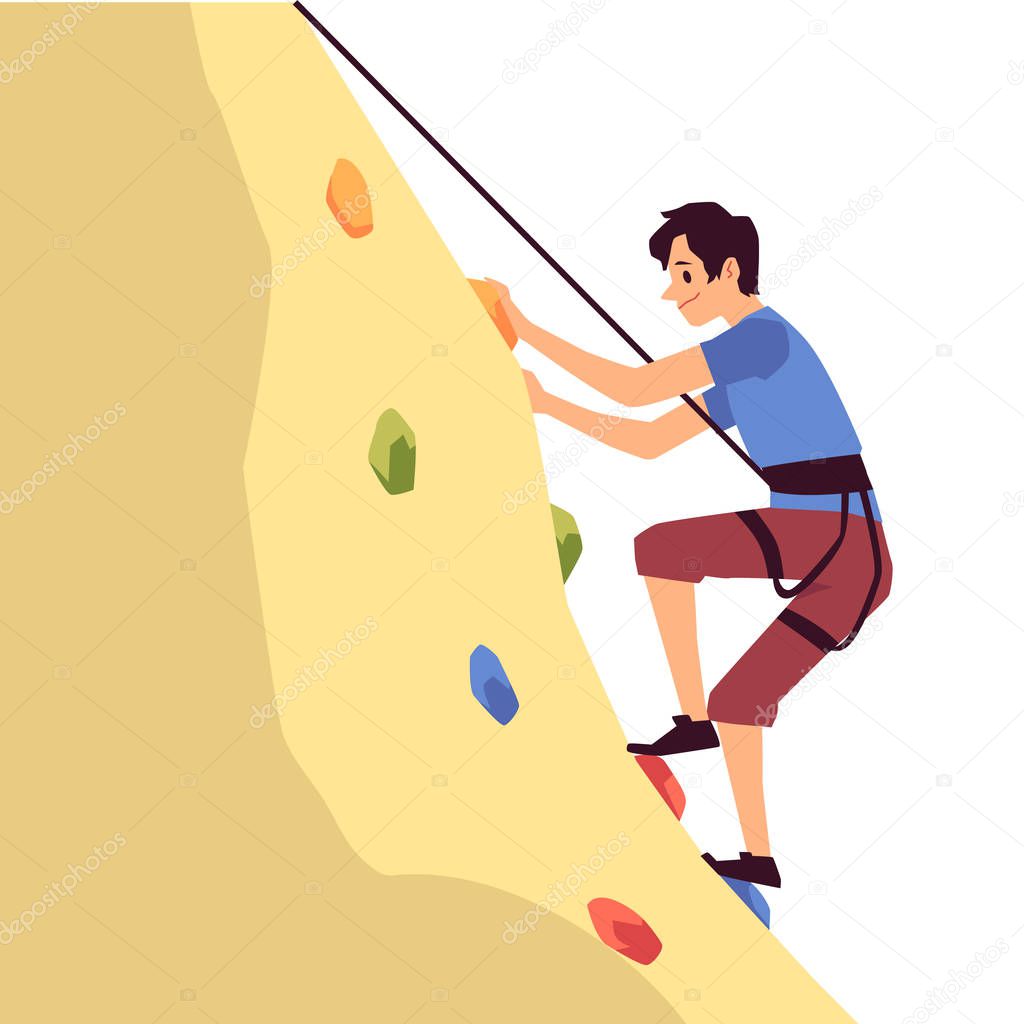 Man hanging on cliff and climbing on mountain flat vector illustration isolated.