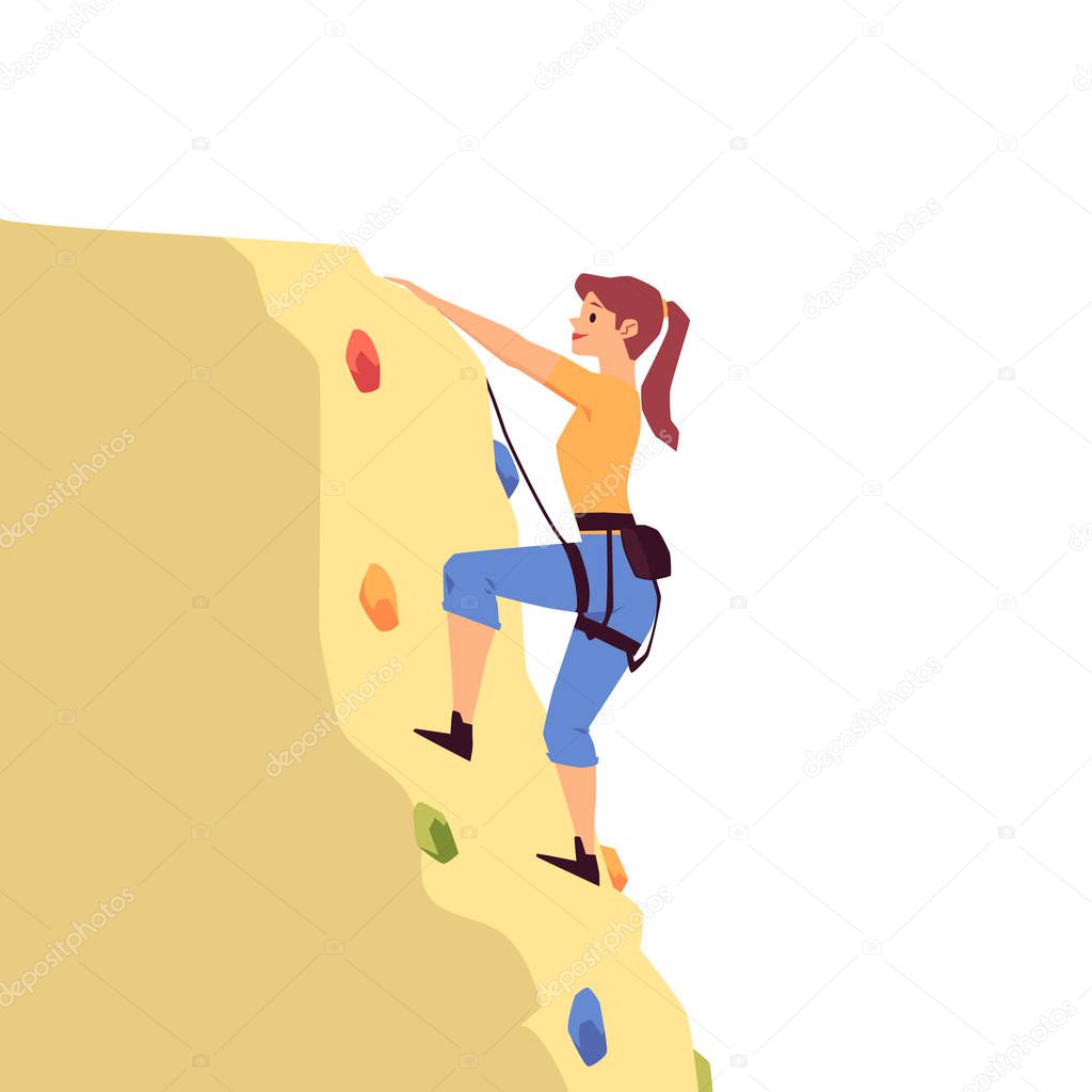 Cartoon woman rock climbing on yellow boulder with colorful holds