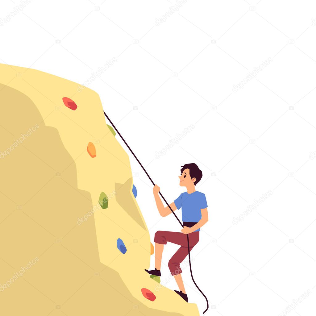 Man character climbing on mountain flat cartoon vector illustration isolated.