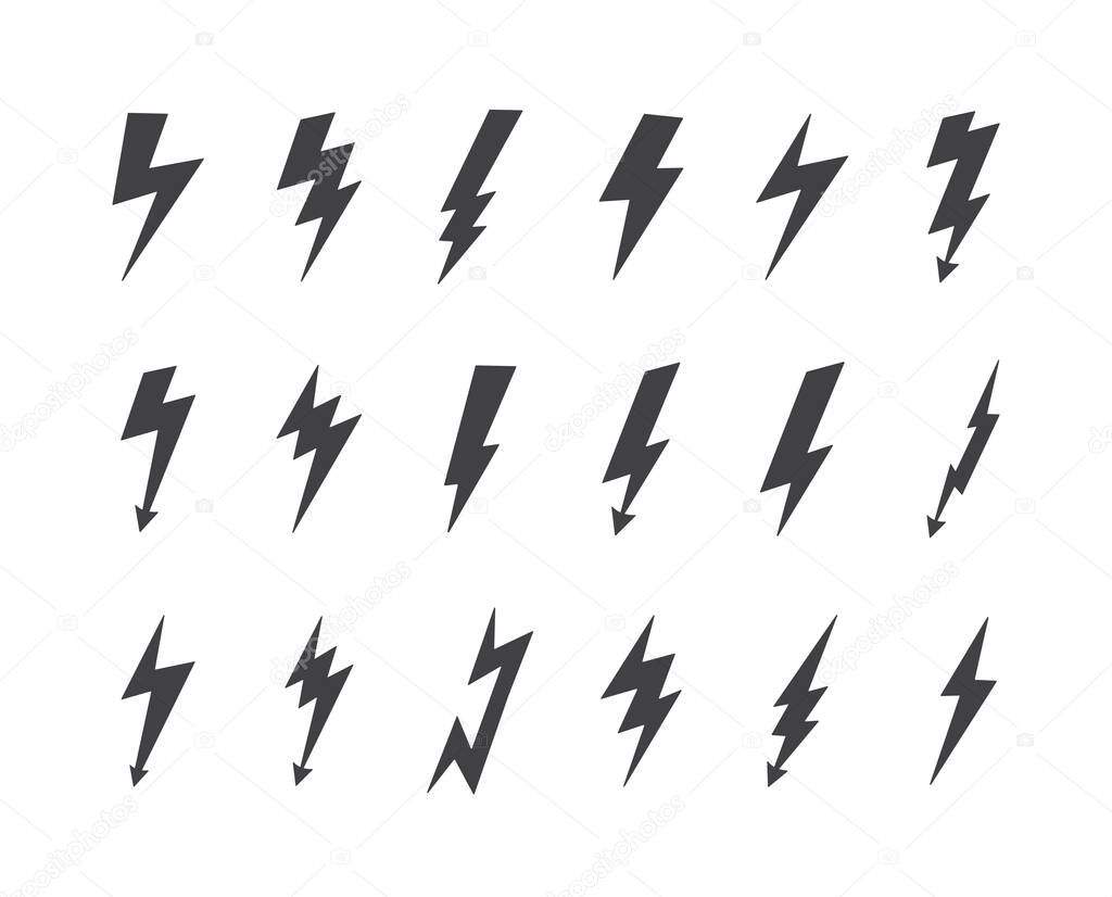 Electricity flash or lighting strike icons set of vector illustration isolated.