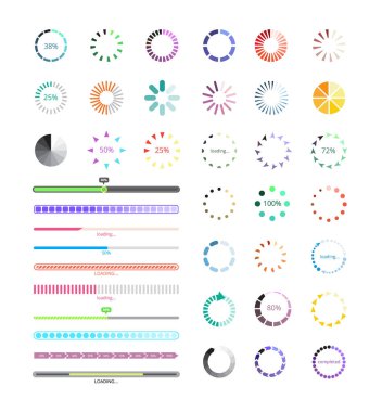 Progress loaders and soundbars icons set, colorful vector illustration isolated.